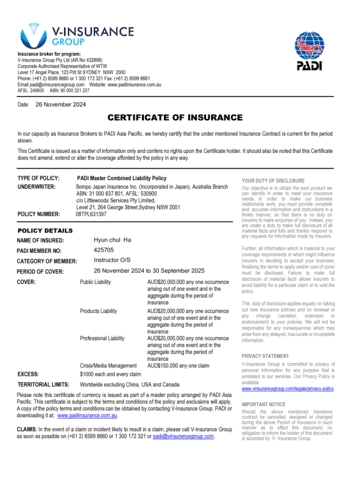 PADI 보험 인증서